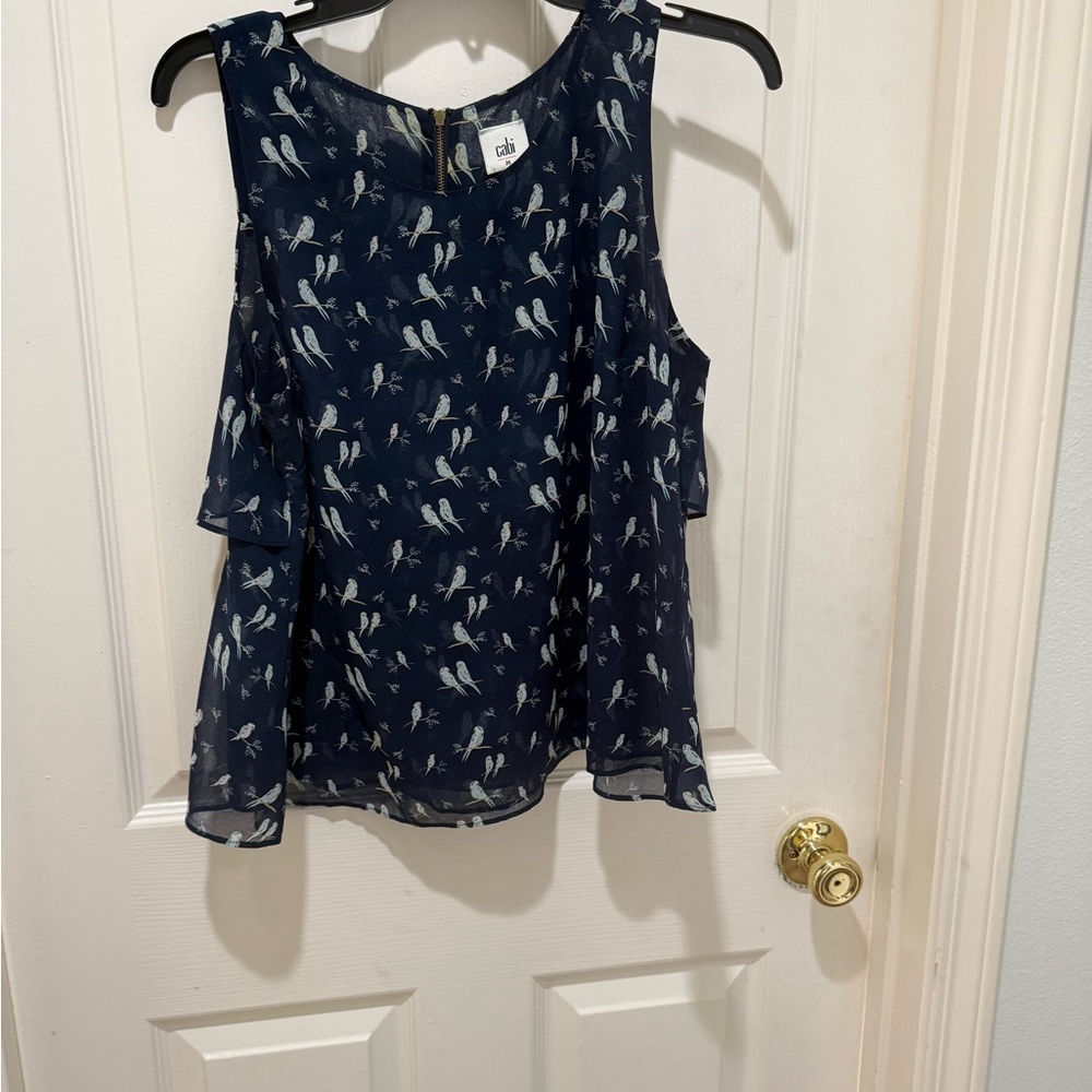CAbi Dark Blue Sleeveless Blouse with White Pattern